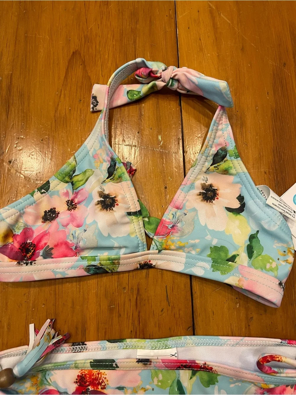 Snapper Rock Floral Halter Bikini Top in Light Blue, Pink and Green